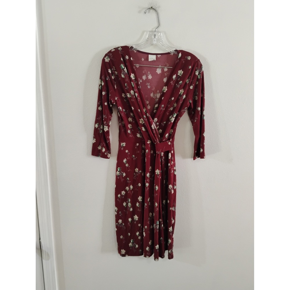Kaileigh Burgundy Floral Faux Wrap Dress V-Neck 3/4 Sleeve Small